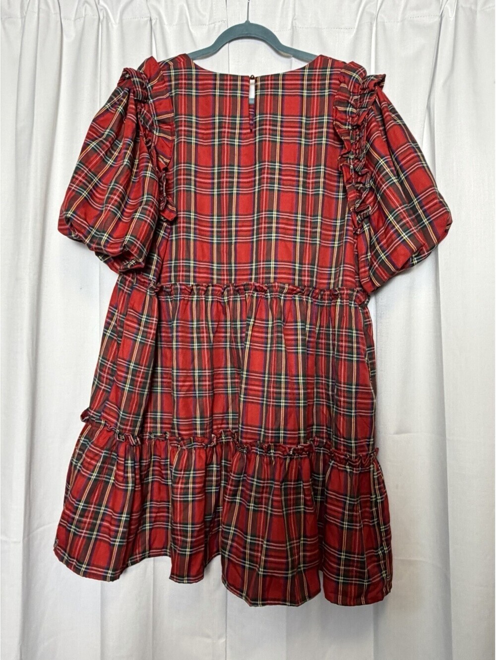 NWT Entro Judy Puff Sleeve Red Plaid Ruffle Tiered Mini Dress Size 1X Retail $78 - Picture 7 of 9